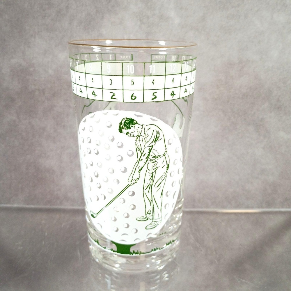 Vintage Golfers Gold Rimmed Set of 4 Drinking Glasses Tumblers Bar Ware RARE